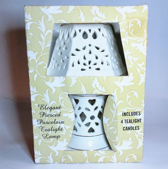 Other - Elegant Pierced Porcelain White Tealight Lamp -  Includes Four Tea Light Candles